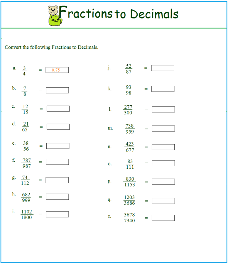 Decimals And Fractions Worksheets