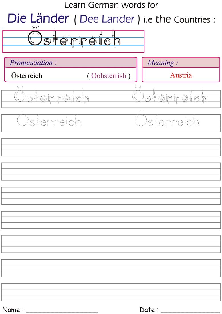 German words for country "Österreich" - worksheet for practice